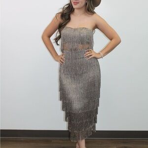 Silver Asymmetrical Tiered Strapless Top & Skirt Set
